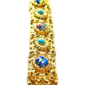 Vintage Goldtone Confetti Lucite Cabochon Panel Bracelet